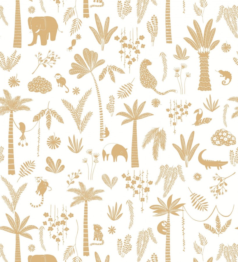 Papel pintado selva minimalista animales y palmeras ocre anaranjado y blanco  Milo Safari 684454