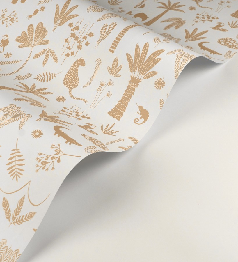 Papel pintado selva minimalista animales y palmeras ocre anaranjado y blanco  Milo Safari 684454