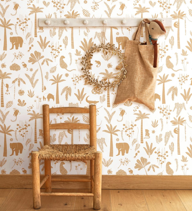 Papel pintado selva minimalista animales y palmeras ocre anaranjado y blanco  Milo Safari 684454