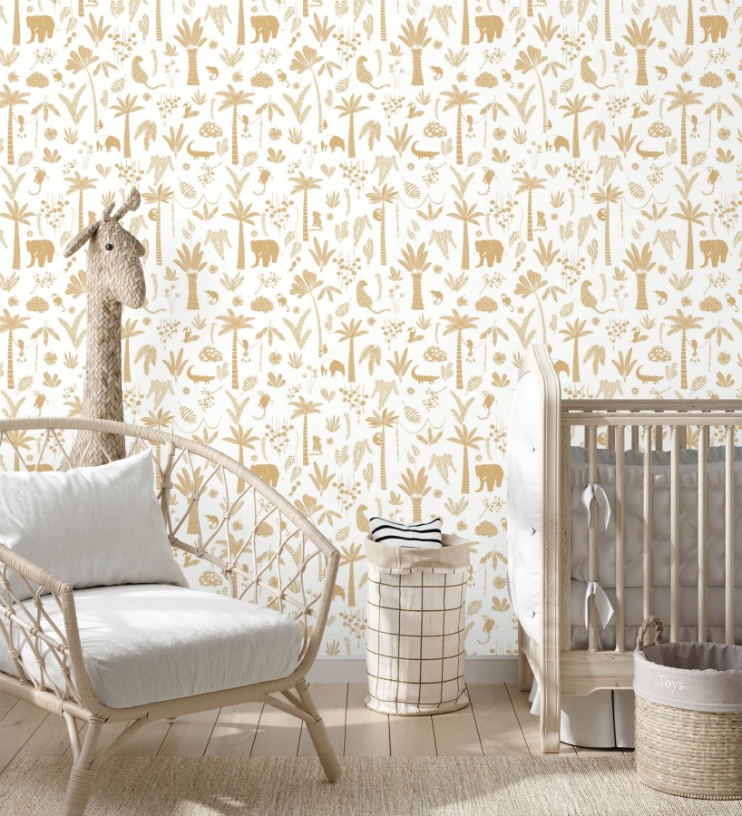 Papel pintado selva minimalista animales y palmeras ocre anaranjado y blanco  Milo Safari 684454