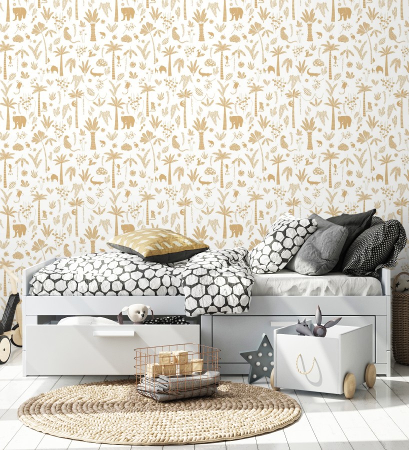 Papel pintado selva minimalista animales y palmeras ocre anaranjado y blanco  Milo Safari 684454