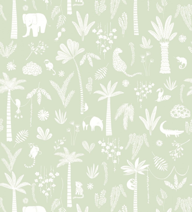 Papel pintado selva minimalista animales y palmeras blanco fondo verde salvia  Milo Safari 684455