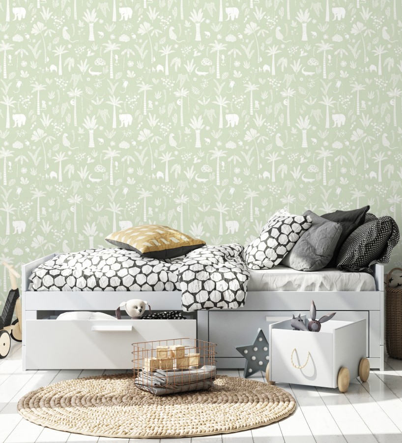 Papel pintado selva minimalista animales y palmeras blanco fondo verde salvia  Milo Safari 684455