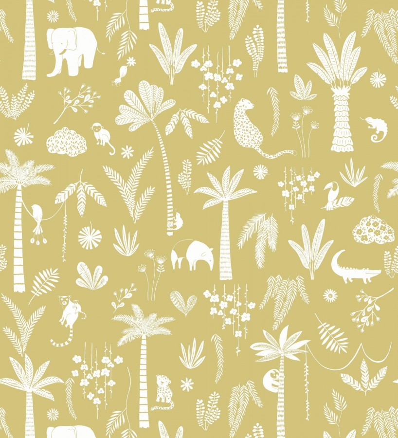 Papel pintado selva minimalista animales y palmeras blanco fondo mostaza  Milo Safari 684456