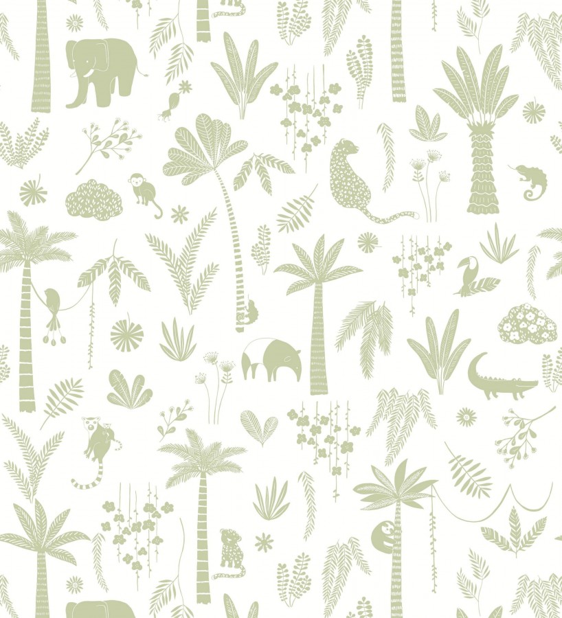 Papel pintado selva minimalista animales y palmeras verde salvia y blanco  Milo Safari 684457