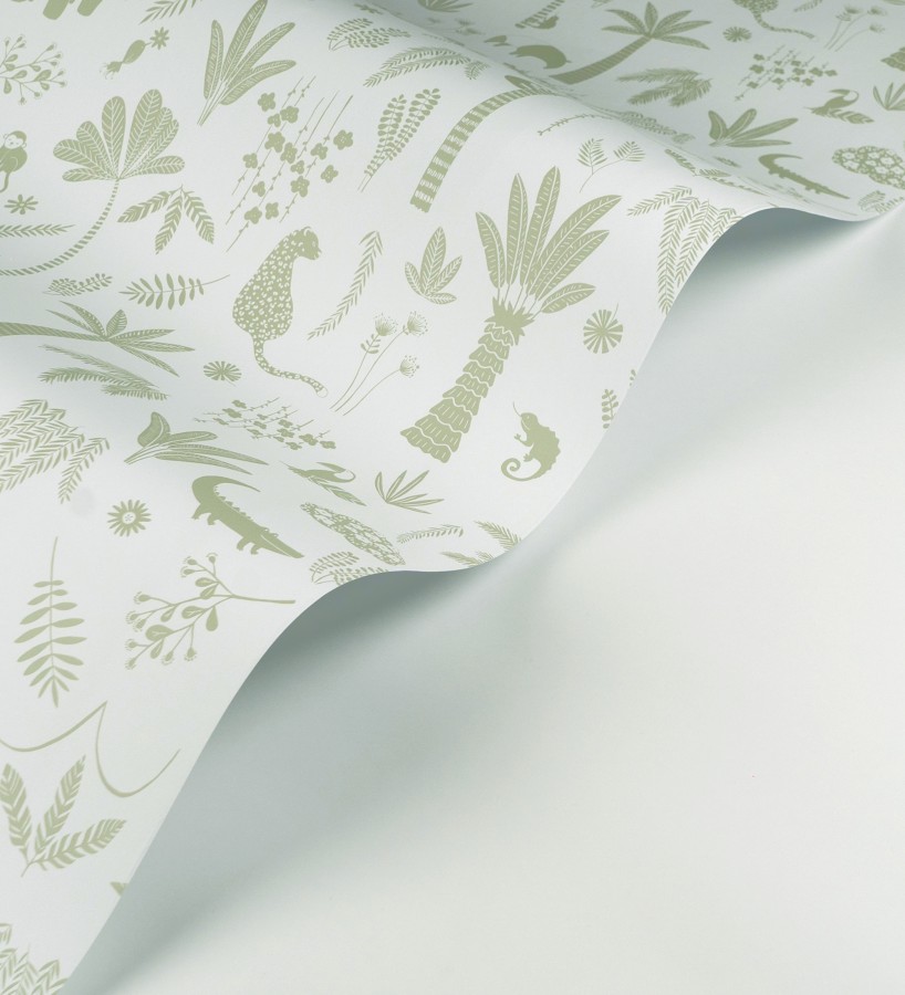 Papel pintado selva minimalista animales y palmeras verde salvia y blanco  Milo Safari 684457