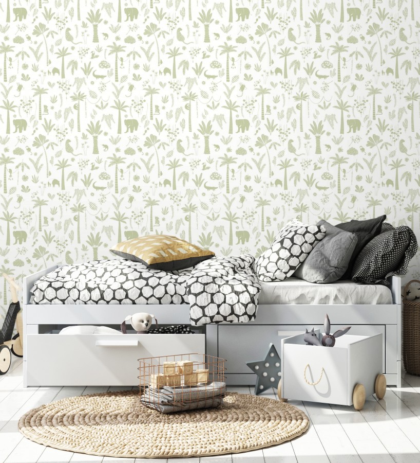 Papel pintado selva minimalista animales y palmeras verde salvia y blanco  Milo Safari 684457