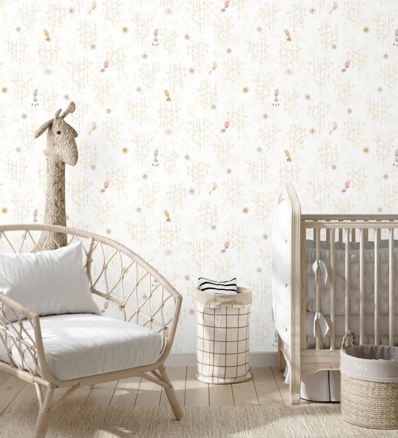 Papel pintado de pajaritos y flores color beige rosáceo  Alma Birds 684460