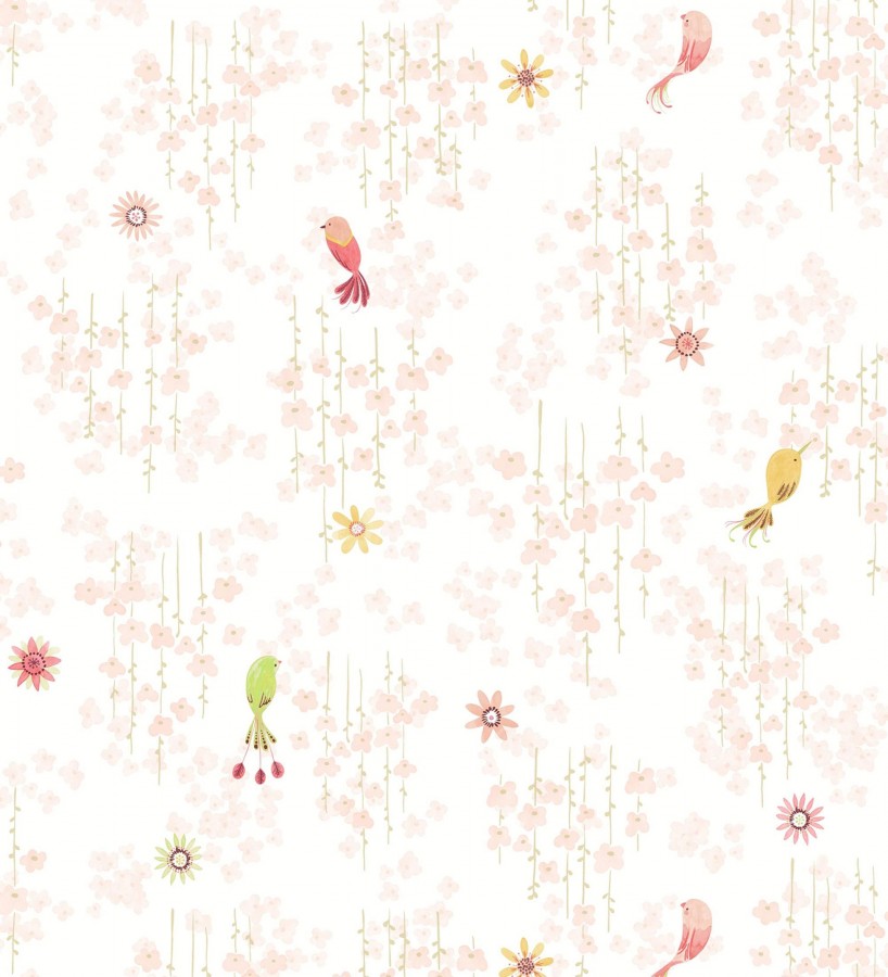 Papel pintado de pajaritos y flores color rosa palo  Alma Birds 684461