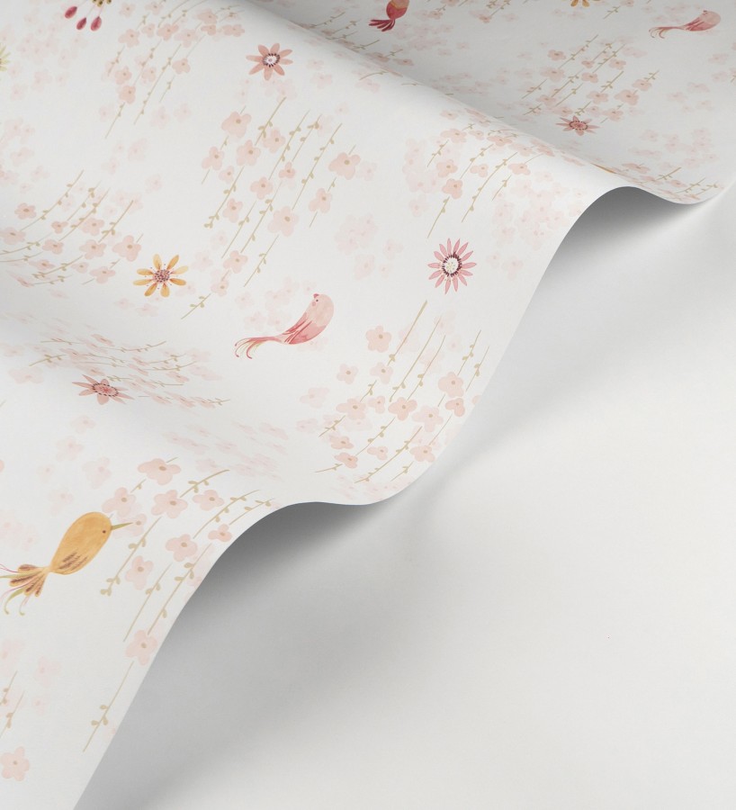 Papel pintado de pajaritos y flores color rosa palo  Alma Birds 684461