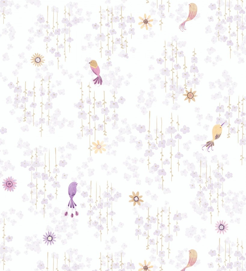 Papel pintado de pajaritos y flores color lila  Alma Birds 684462