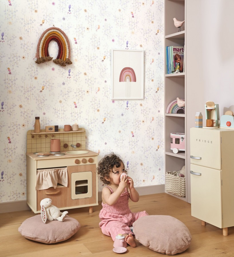 Papel pintado de pajaritos y flores color lila  Alma Birds 684462