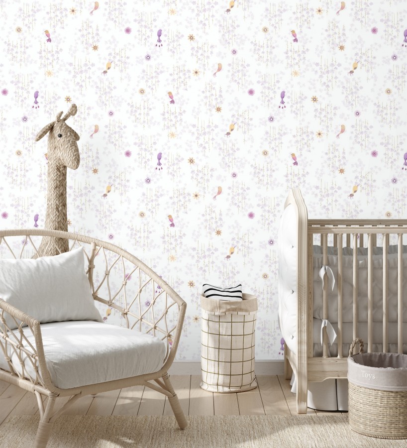 Papel pintado de pajaritos y flores color lila  Alma Birds 684462