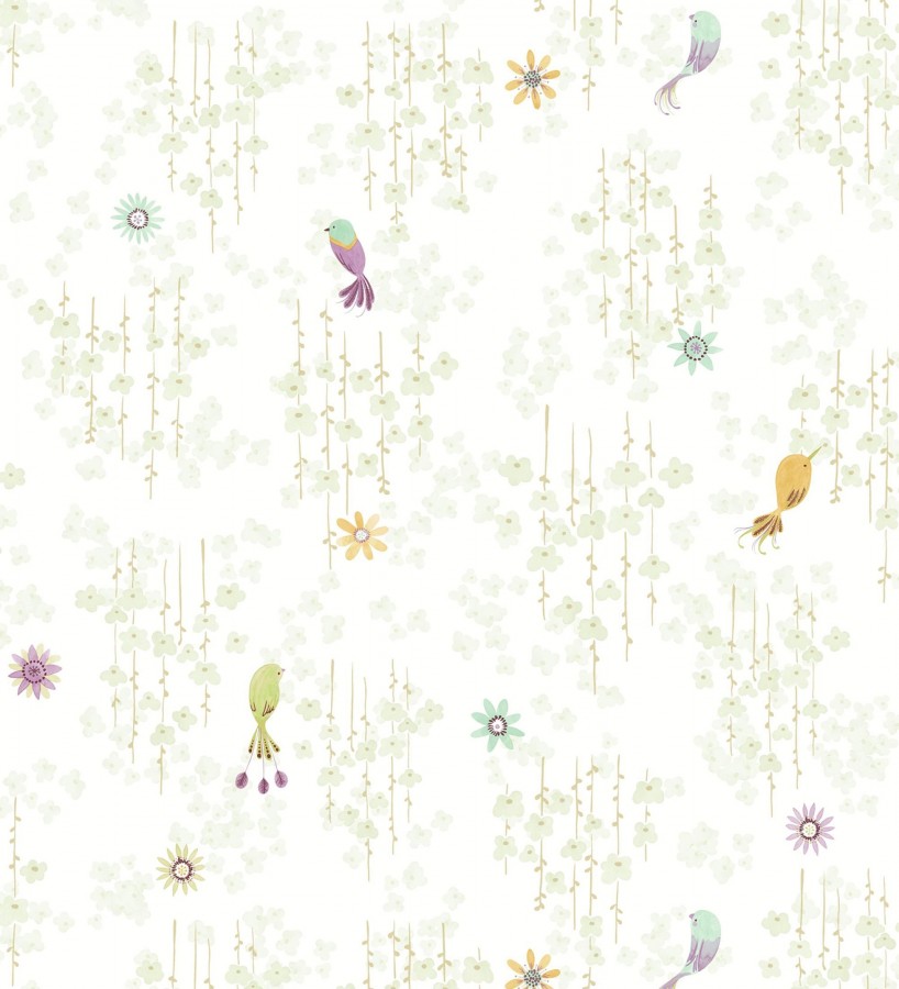 Papel pintado de pajaritos y flores color verde claro  Alma Birds 684463