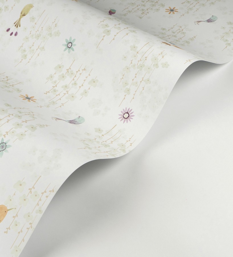 Papel pintado de pajaritos y flores color verde claro  Alma Birds 684463