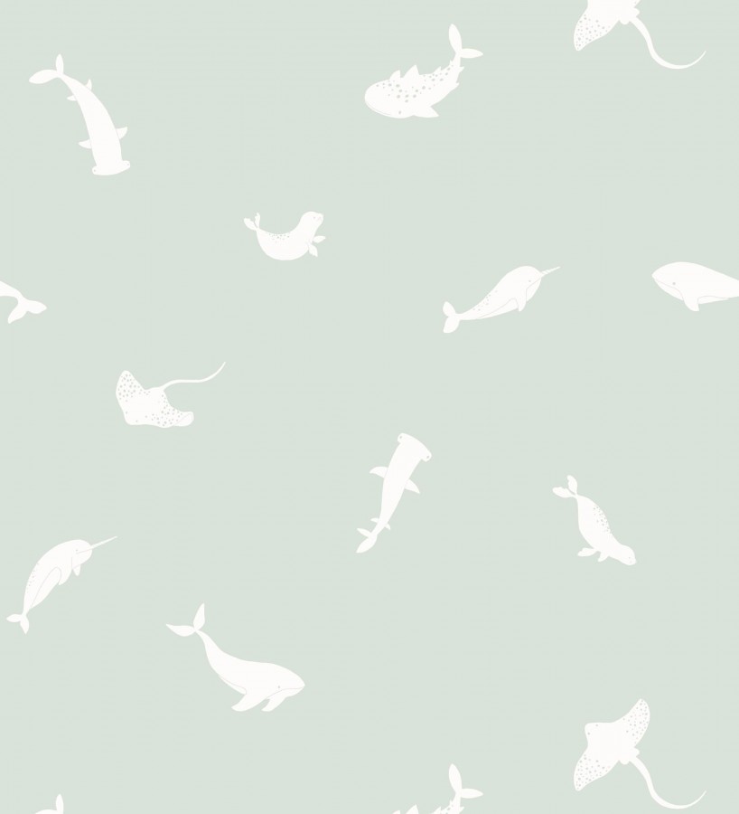 Papel pintado de peces ballenas tiburones y focas infantil color aguamarina  Sydney Playful 684467