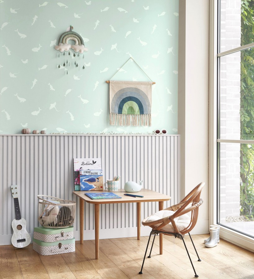 Papel pintado de peces ballenas tiburones y focas infantil color aguamarina  Sydney Playful 684467