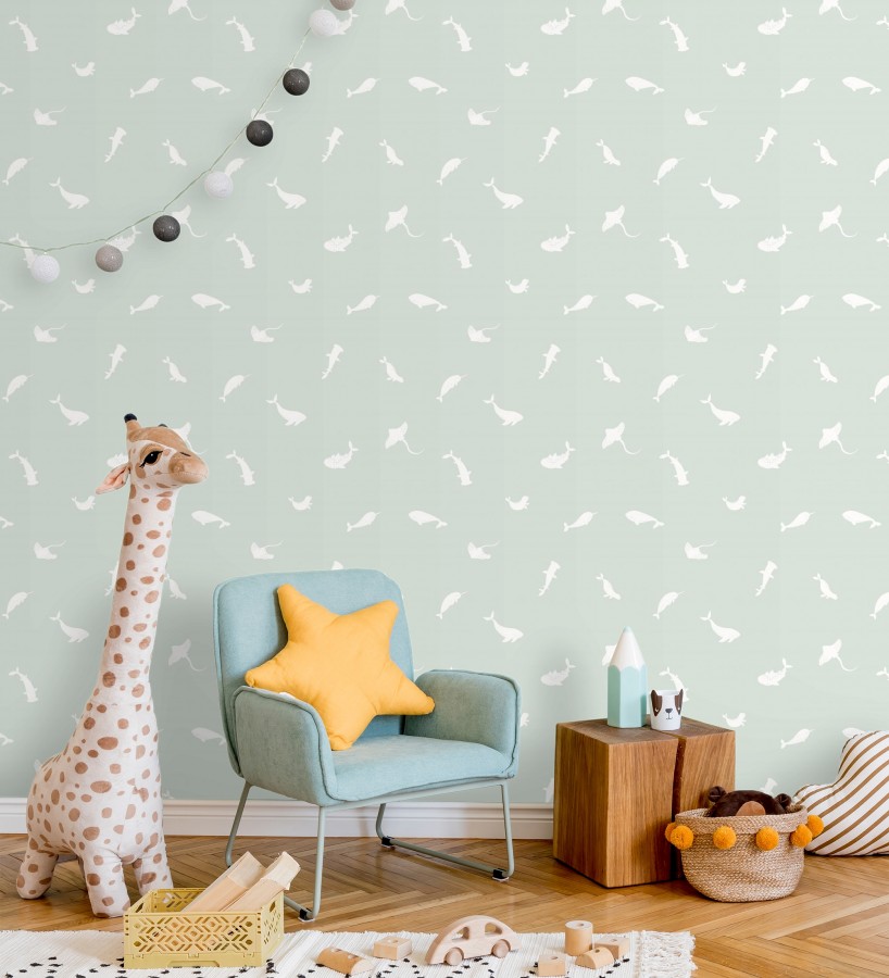 Papel pintado de peces ballenas tiburones y focas infantil color aguamarina  Sydney Playful 684467