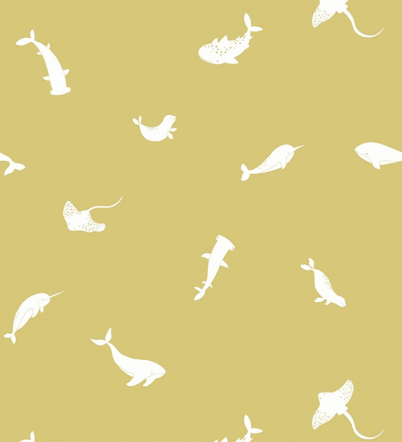 Papel pintado de peces ballenas tiburones y focas infantil color mostaza  Sydney Playful 684468