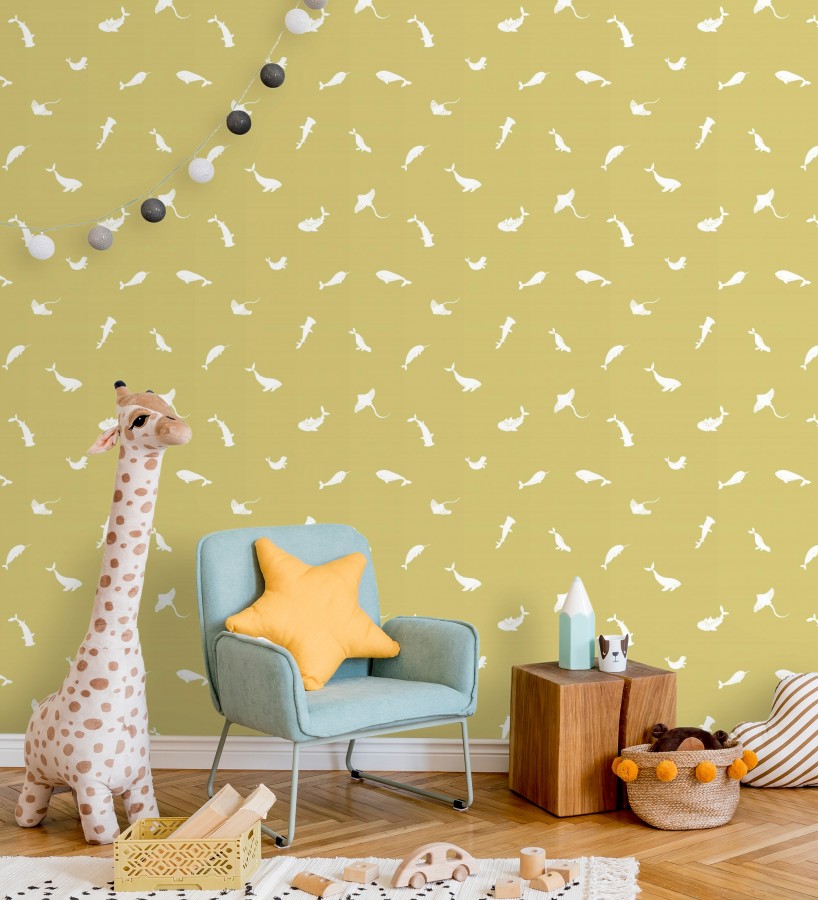 Papel pintado de peces ballenas tiburones y focas infantil color mostaza  Sydney Playful 684468