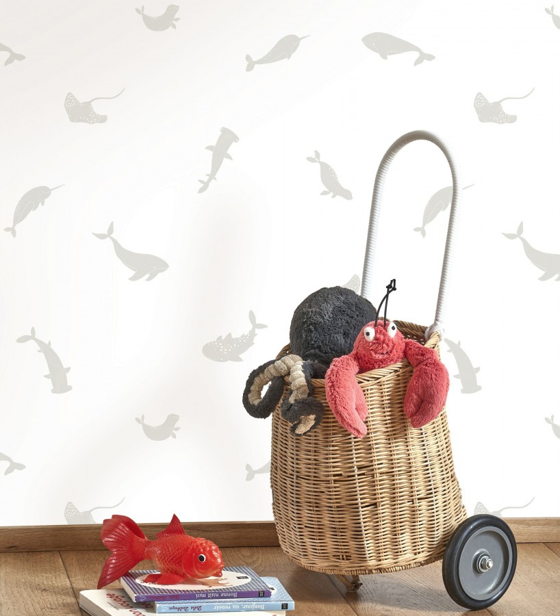 Papel pintado de peces ballenas tiburones y focas infantil color gris  Sydney Playful 684469