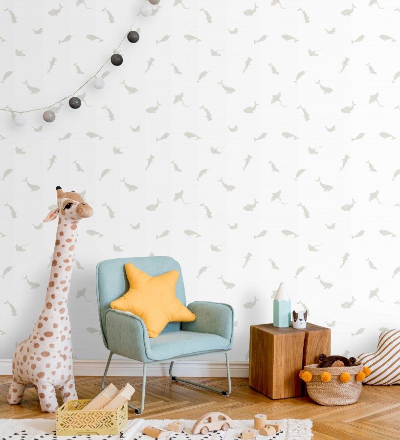 Papel pintado de peces ballenas tiburones y focas infantil color gris  Sydney Playful 684469