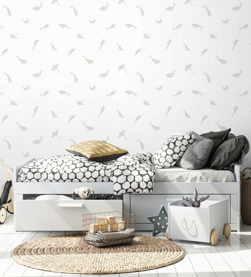 Papel pintado de peces ballenas tiburones y focas infantil color gris  Sydney Playful 684469