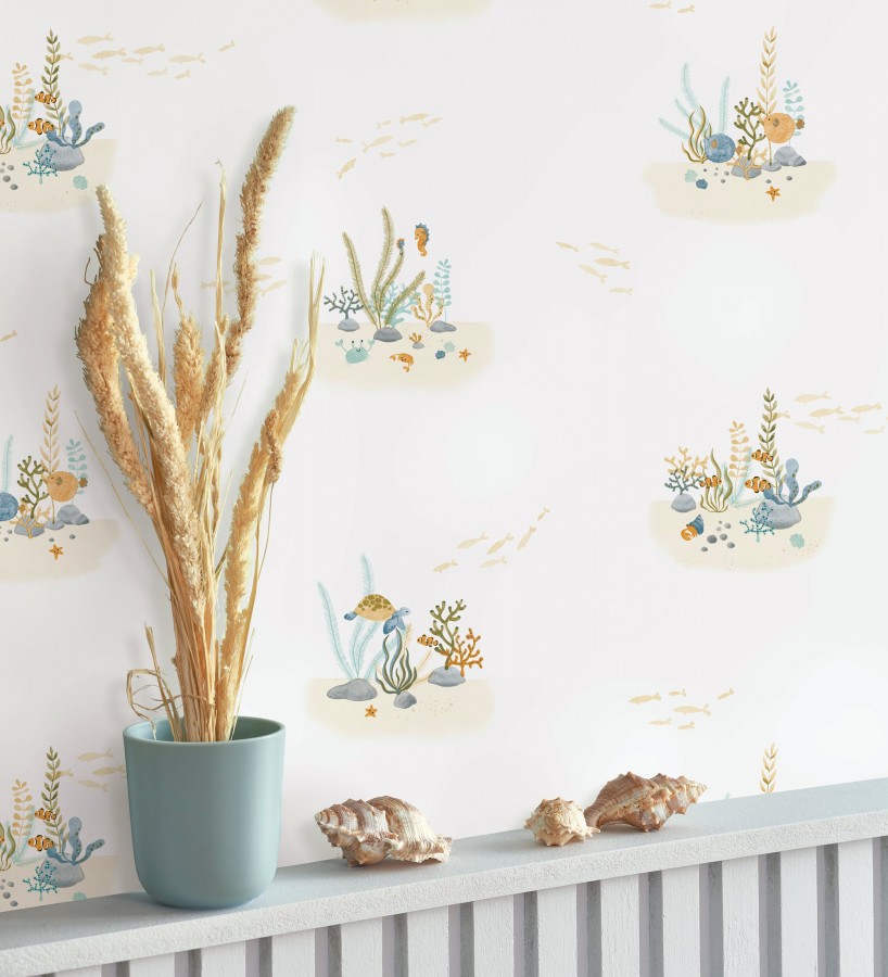 Papel pintado arrecife coral acuarela infantil con peces  Nile Aquatic 684473