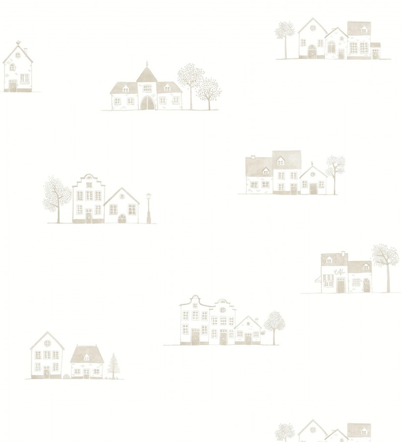 Papel pintado de casas dibujo infantil color beige neutro  Cotswold Lovely 684478