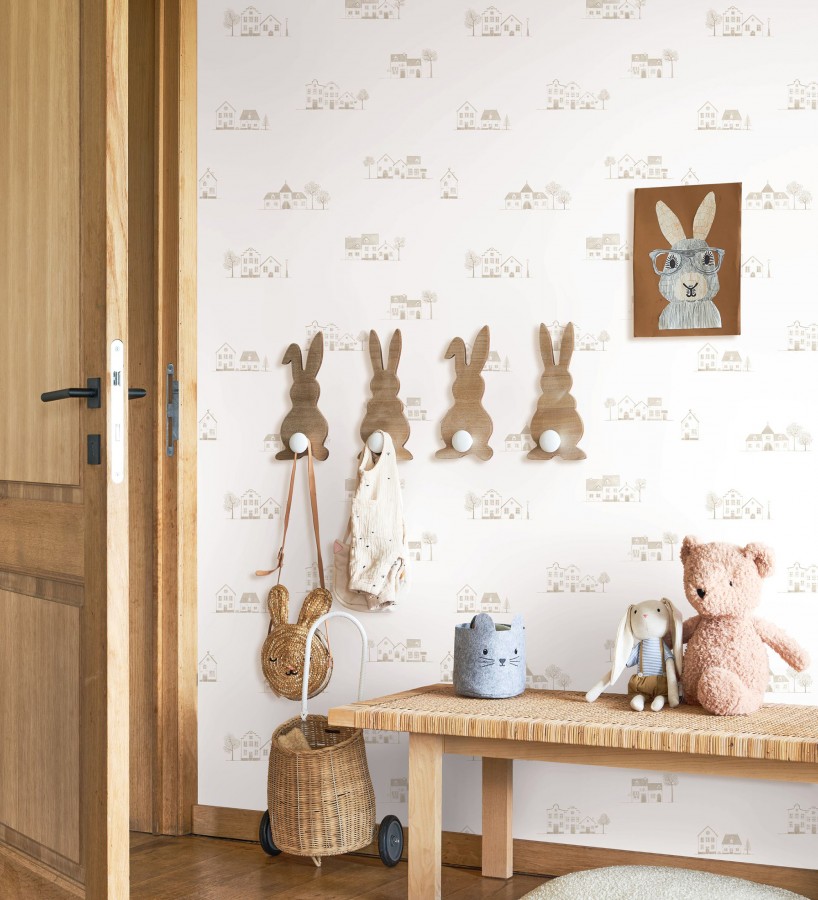 Papel pintado de casas dibujo infantil color beige neutro  Cotswold Lovely 684478