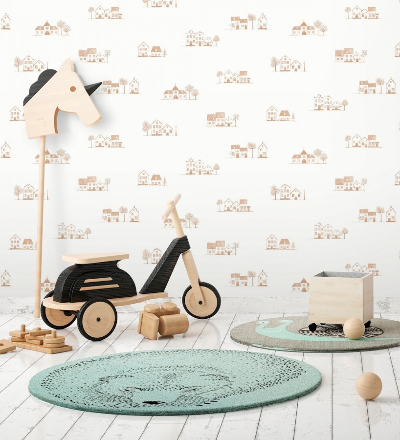 Papel pintado de casas dibujo infantil color teja  Cotswold Lovely 684480