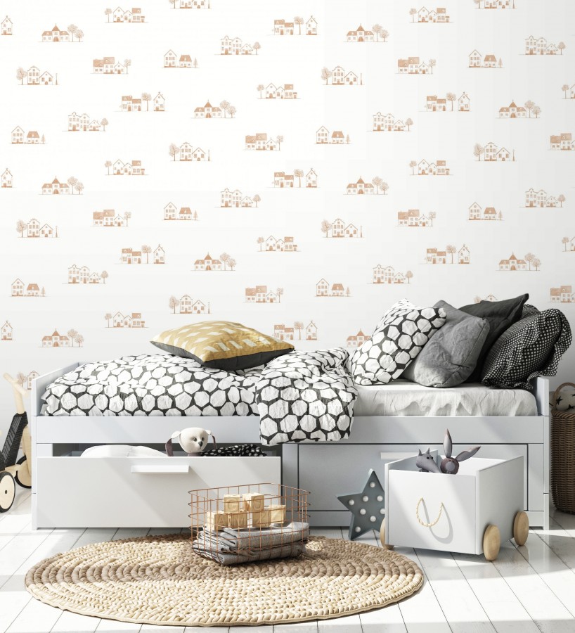 Papel pintado de casas dibujo infantil color teja  Cotswold Lovely 684480