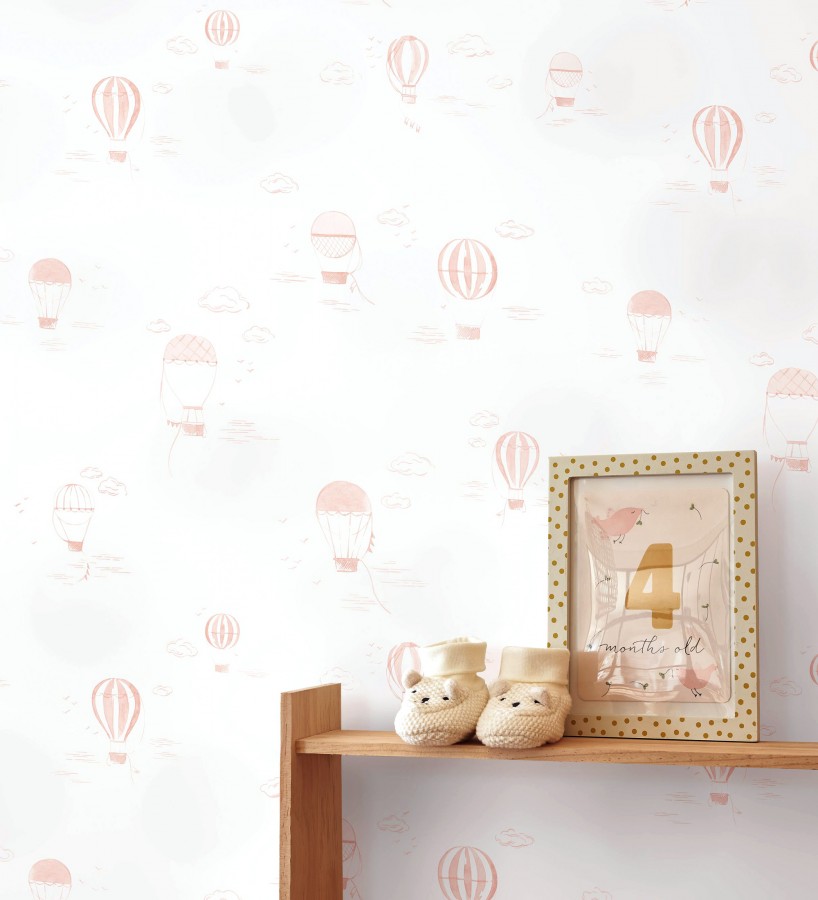 Papel pintado infantil de globos aerostáticos color rosa  Lund Airborne 684482