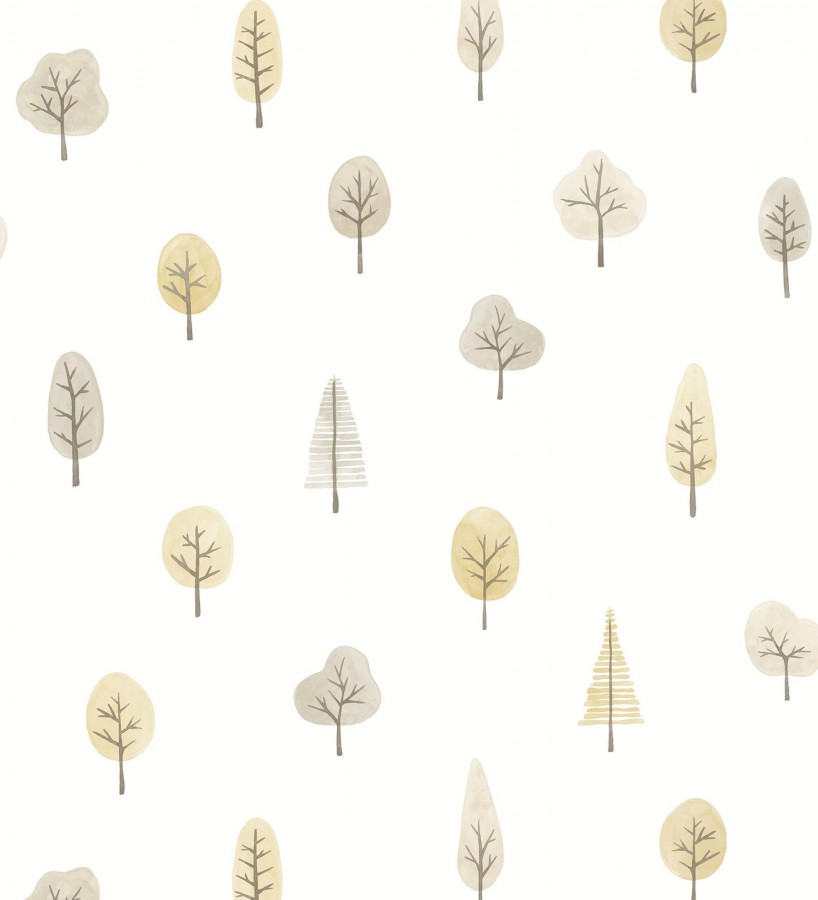 Papel pintado bosque minimalista acuarela suave tonos gris y mostaza  Willow Woody 684485