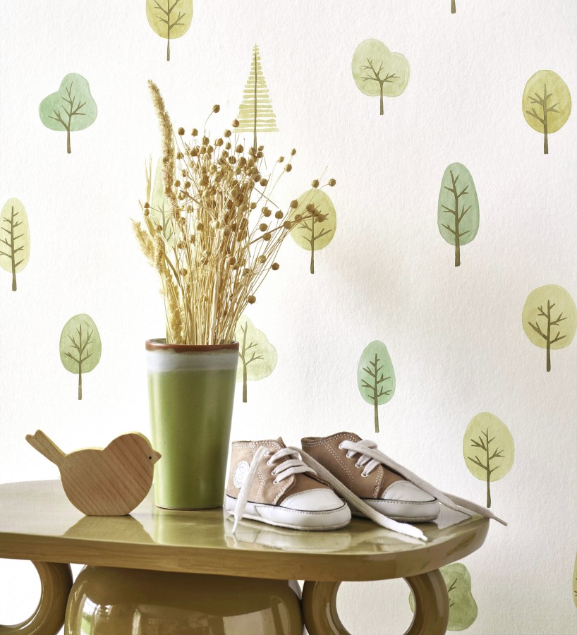 Papel pintado bosque minimalista acuarela suave tonos verdes  Willow Woody 684486