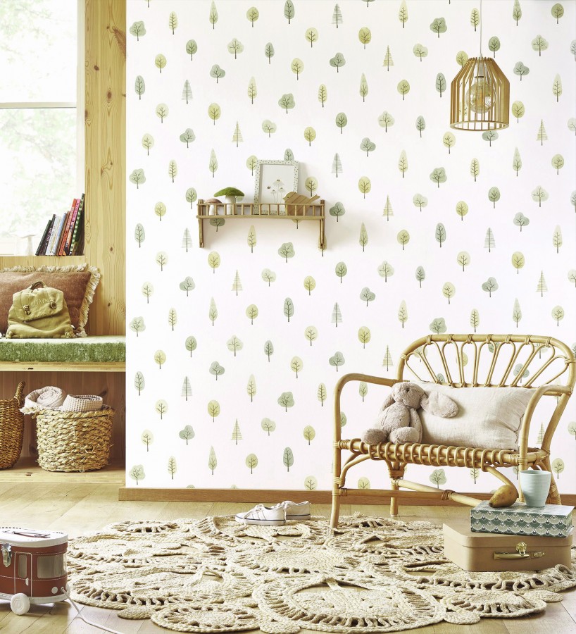 Papel pintado bosque minimalista acuarela suave tonos verdes  Willow Woody 684486