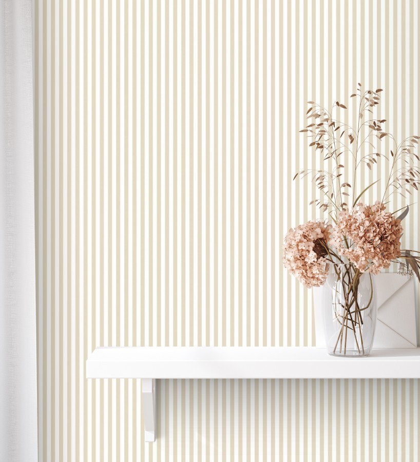 Papel pintado rayas finas infantiles beige y blancas  Andy Stripes 684489