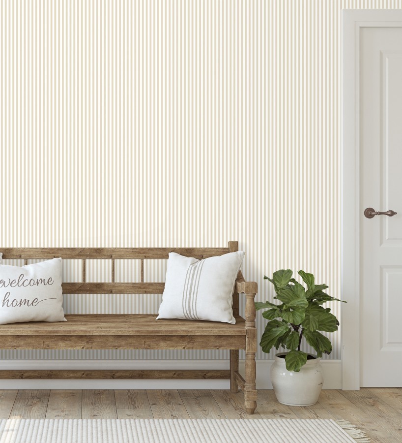 Papel pintado rayas finas infantiles beige y blancas  Andy Stripes 684489