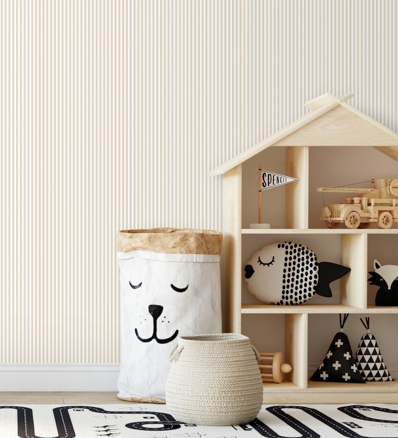 Papel pintado rayas finas infantiles beige y blancas  Andy Stripes 684489