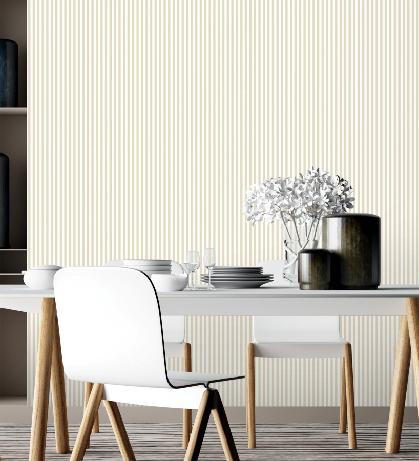Papel pintado rayas finas infantiles beige y blancas  Andy Stripes 684489