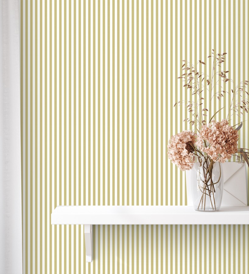 Papel pintado rayas finas infantiles tonos mostaza y blanco  Andy Stripes 684490