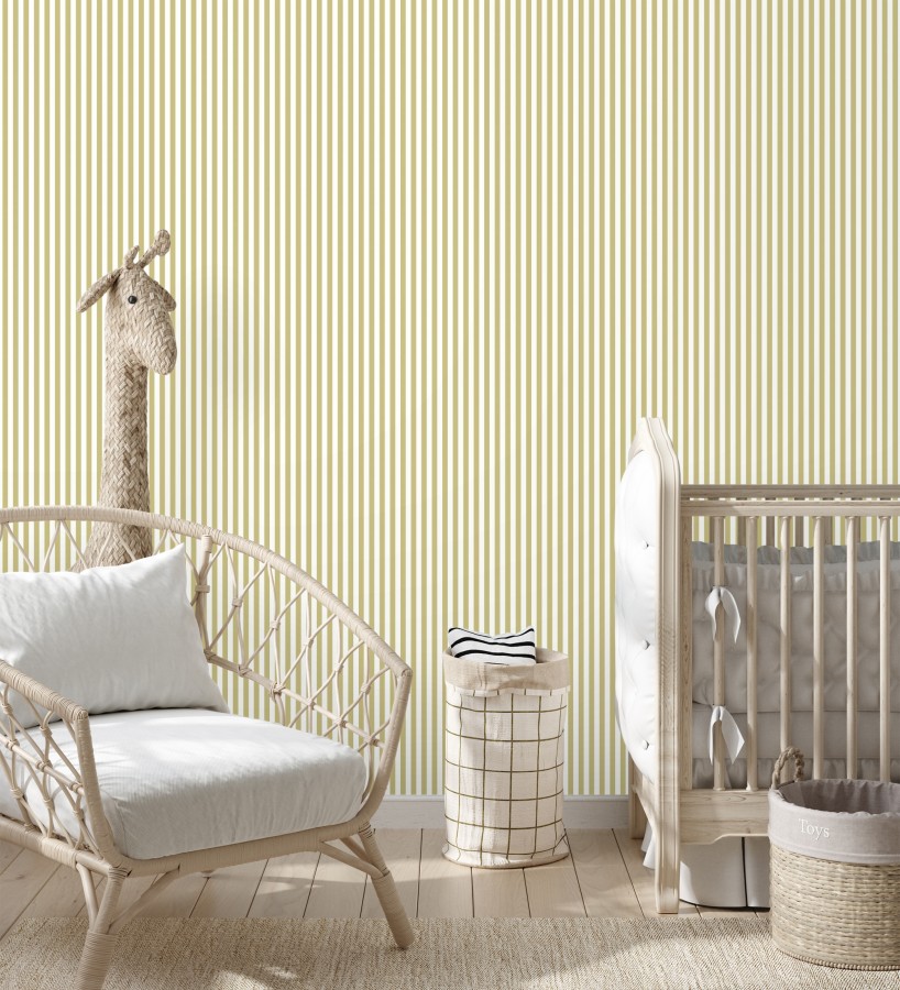 Papel pintado rayas finas infantiles tonos mostaza y blanco  Andy Stripes 684490