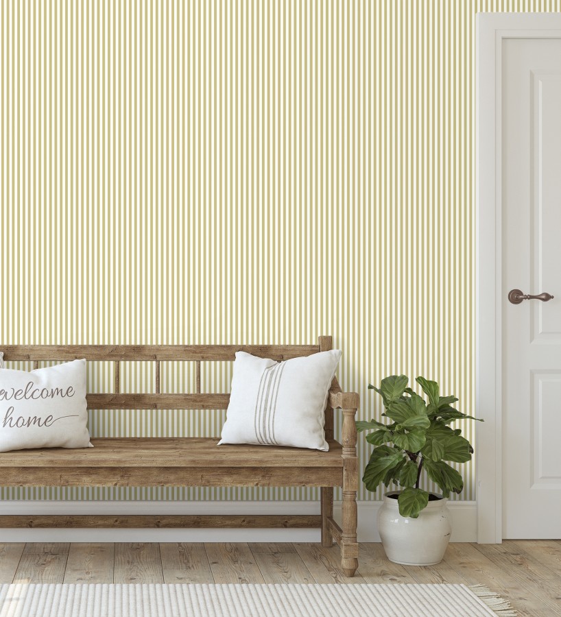 Papel pintado rayas finas infantiles tonos mostaza y blanco  Andy Stripes 684490