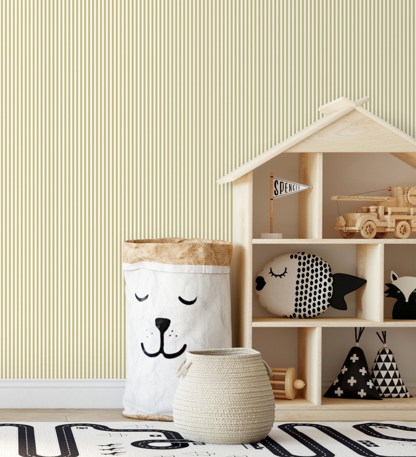 Papel pintado rayas finas infantiles tonos mostaza y blanco  Andy Stripes 684490