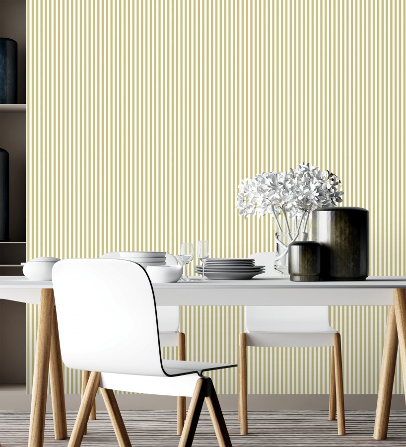 Papel pintado rayas finas infantiles tonos mostaza y blanco  Andy Stripes 684490