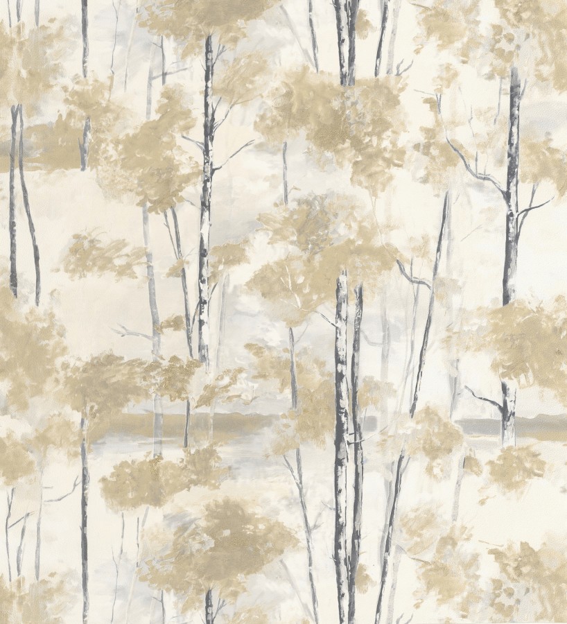 Papel pintado bosque pictórico etéreo con copas de árboles tonos mostaza  Tagus Silvery 684491