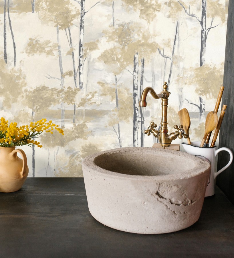 Papel pintado bosque pictórico etéreo con copas de árboles tonos mostaza  Tagus Silvery 684491