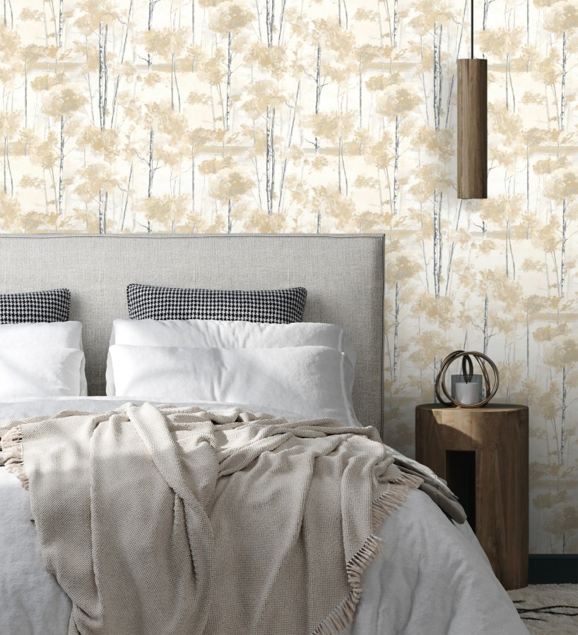 Papel pintado bosque pictórico etéreo con copas de árboles tonos mostaza  Tagus Silvery 684491