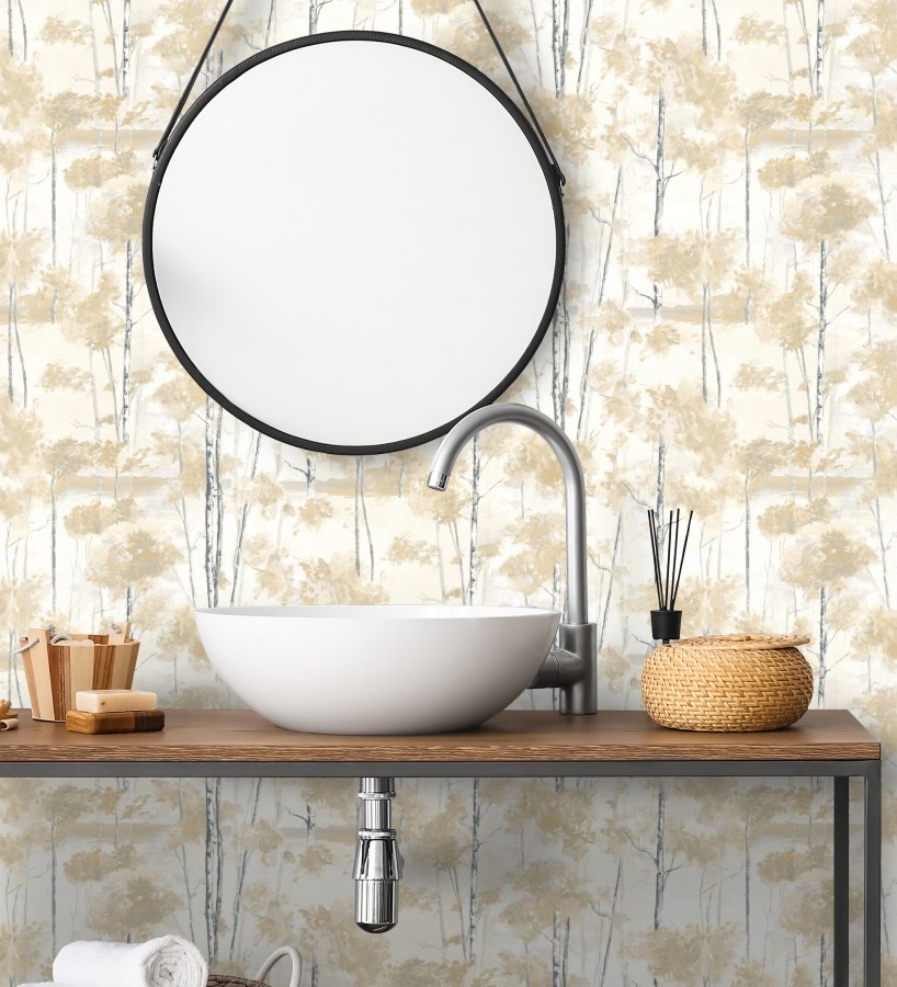 Papel pintado bosque pictórico etéreo con copas de árboles tonos mostaza  Tagus Silvery 684491