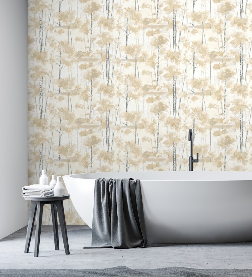 Papel pintado bosque pictórico etéreo con copas de árboles tonos mostaza  Tagus Silvery 684491